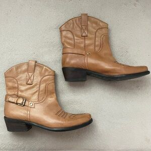 Franco Sarto Western Boots-Tan Leather-Buckle-Women’s 9.5-Casual-Boho-Bohemian